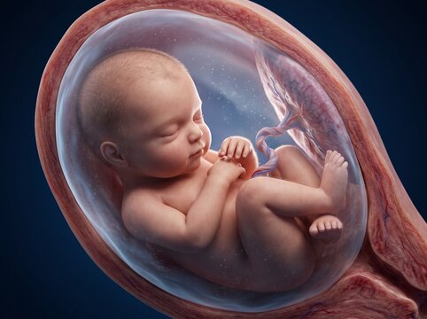 Close-up view of a healthy human fetus developing inside the womb.
