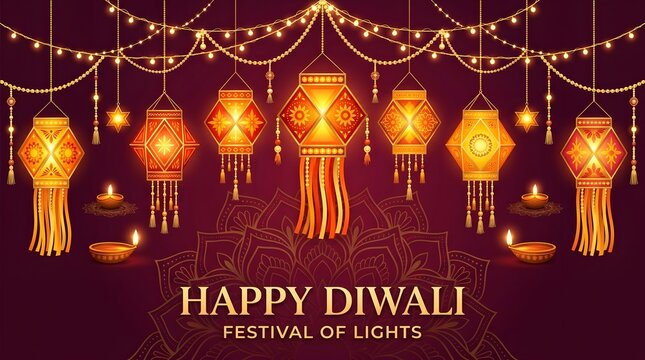 Happy diwali festival of lights with hanging lanterns and oil lamps
