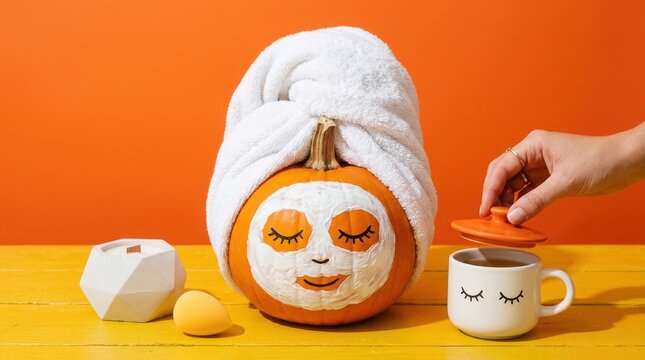 A pumpkin with a painted face mask and a towel wrapped around it like a spa head wrap, sitting on a yellow table with a mug and candle