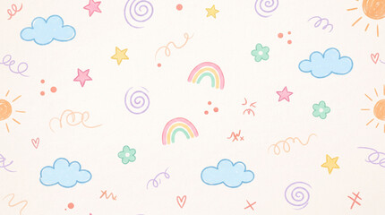 Obraz premium Cute seamless pattern with hand drawn clouds, rainbows, stars, and suns in pastel colors for childrens textile or wallpaper design