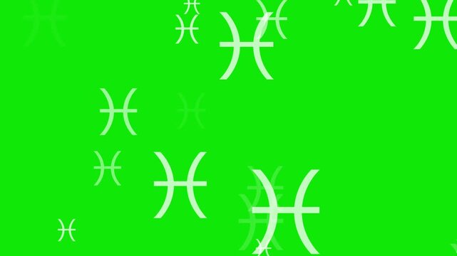 Animation of the Pisces zodiac symbol&mdash;opposing curved lines connected by a straight line&mdash;featuring a collection of Pisces symbols moving across a green background, with a zoom effect; 4K video.