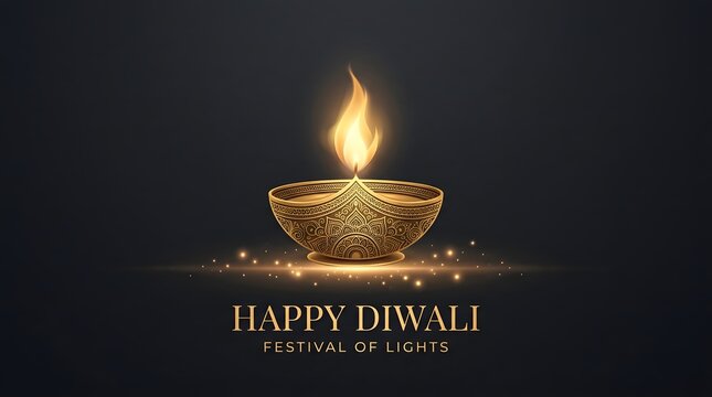 Happy diwali festival of lights greeting card with glowing diya