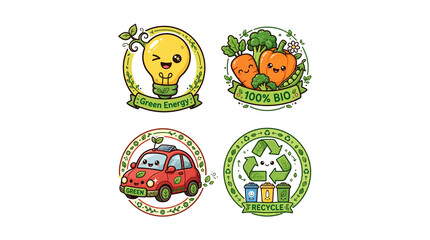 Fototapeta premium Cute Eco Badges Set 3-4 View On Solid White Background