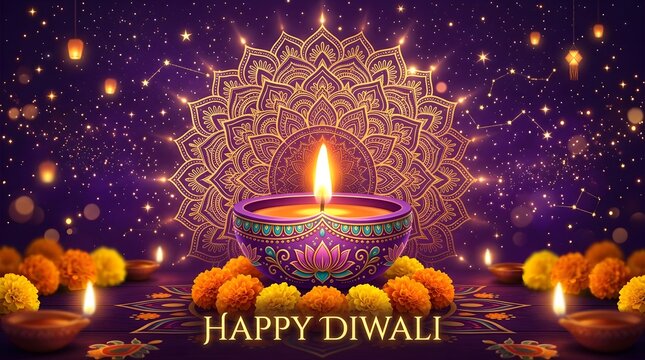 Happy diwali festival of lights with ornate diya and mandala