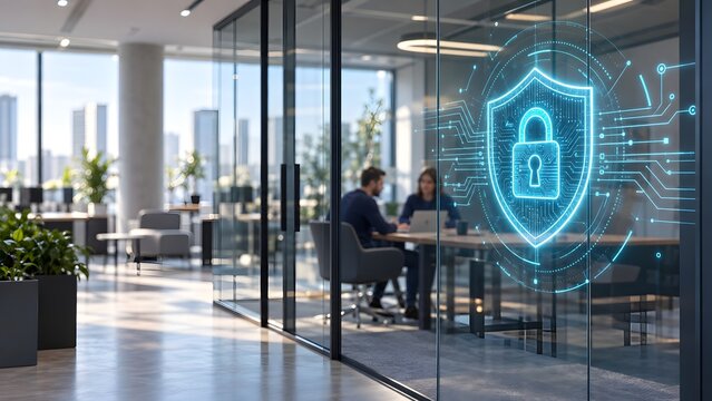 Glowing digital security shield on a glass wall in a modern corporate office depicting enterprise data privacy and workplace cybersecurity