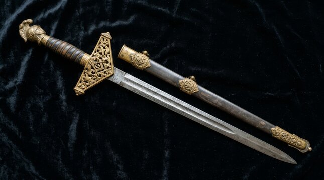 Ornate antique masonic ceremonial sword and scabbard with intricate engravings and decorative brass hilt, displayed as a flat lay on dark black velvet fabric for a historical concept