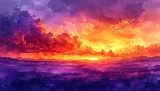 A vibrant watercolor landscape depicts a fiery sunset over rolling hills.
