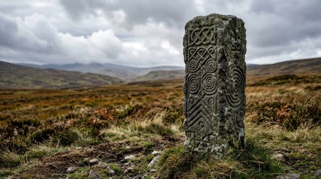 Close-up of an ancient carved stone monolith with Celtic knotwork and spiral engravings standing in a rugged highland landscape under a dramatic cloudy sky, historical archaeological monument.