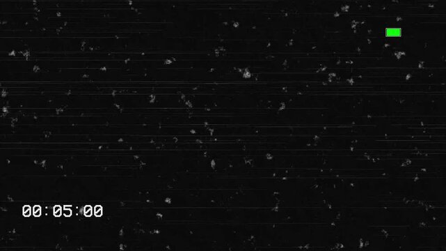 Vintage vhs tape sp playing overlay with heavy tracking lines static noise timecode and battery icon on a black background.