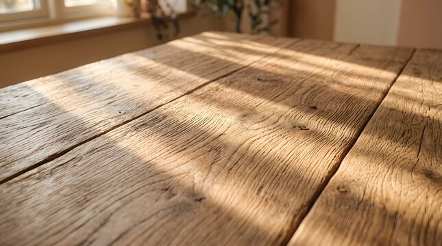 Close-up of wooden table surface illuminated by warm sunlight reflections in natural indoor setting