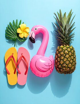 A vibrant collection of summer essentials arranged on a bright blue background.