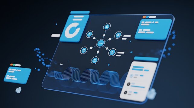 Digital interface with data visualization and network connections on a dark background representing connectivity and analytics