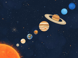 Solar system. Sun and eight planets in space. Diagonal cosmic lineup © arvitalya
