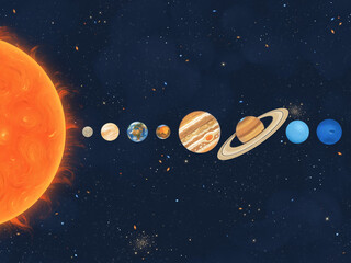 Solar system. Sun and eight planets in space. Horizontal cosmic lineup © arvitalya