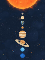 Solar system. Sun and eight planets in space. Vertical cosmic lineup © arvitalya