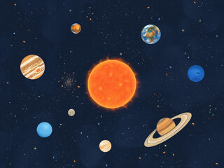 Solar system. Sun and main planets in space. Chaotic cosmic composition © arvitalya