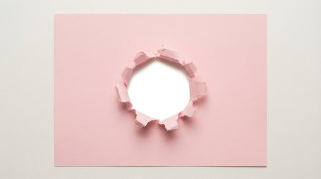 A pink paper sheet with a circular hole torn in the center, isolated on white background