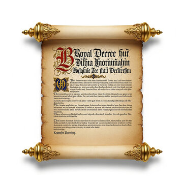Ancient royal decree parchment scroll with ornate gold rollers, isolated on white background