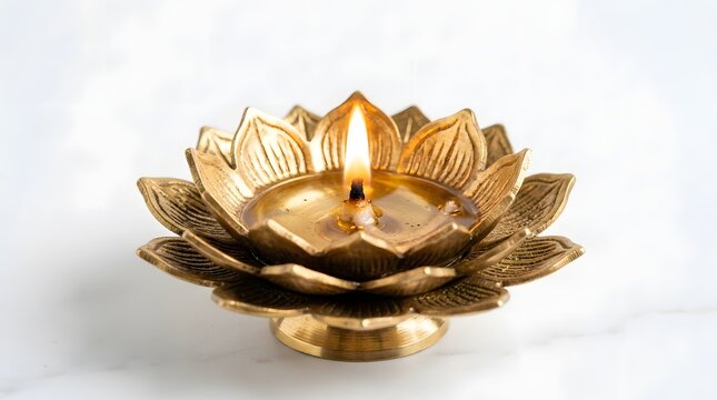 Golden lotus diya lamp isolated on white background