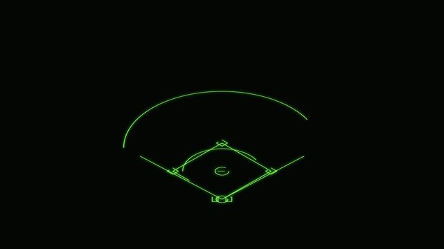 Animated baseball field wireframe graphic on dark background