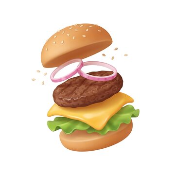 Floating cheeseburger ingredients with grilled beef patty cheese onions and lettuce cheeseburger delicious culinary sandwich hamburger ingredients floating illustration restaurant appetite