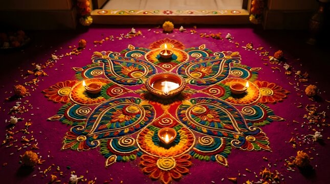 Colorful rangoli pattern with lit diyas for diwali celebration