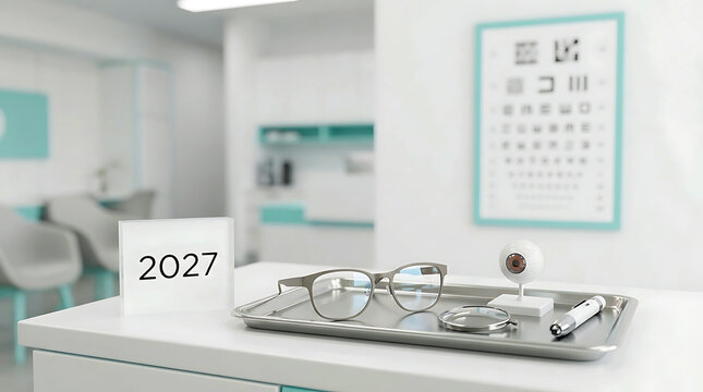 Modern optometry clinic interior with a metallic instrument tray on a desk 2027