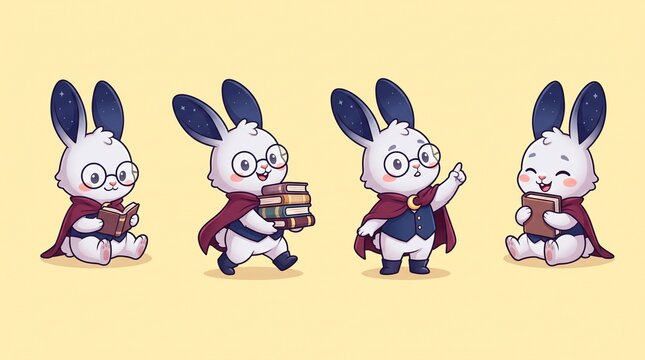 Cute Rabbit Reading Character in Four Educational Poses