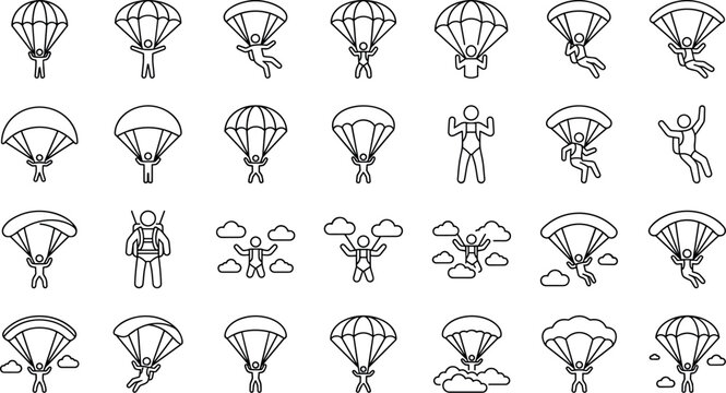 Parachute Skydiving Icon Set with Paragliding Extreme Sport Athlete Line ArtParachute Skydiving Icon Set with Paragliding Extreme Sport Athlete Line Art
