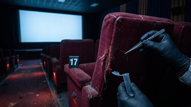 Forensic Investigator Collecting Trace Evidence from Damaged Cinema Seat with Tweezers