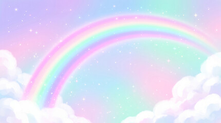 Fototapeta premium Pastel fantasy sky with a bright rainbow, fluffy clouds, and twinkling stars, creating a magical and dreamy background