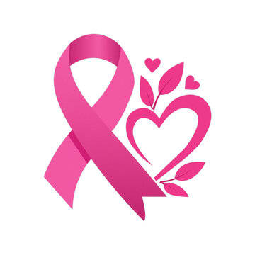 Breast Cancer Awareness PNG Graphic Featuring Pink Ribbon, Heart Outline, and Leaf Sprigs on Transparent Background