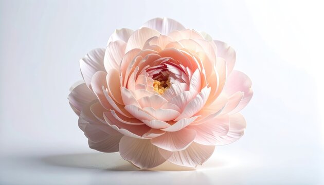 A delicate pink peony flower with layered petals opens to reveal its vibrant center.