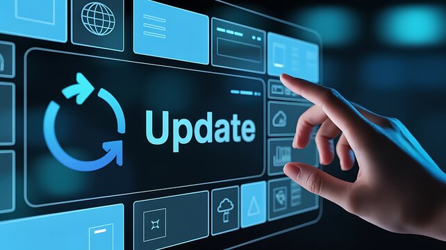Hand pressing digital screen button labeled Update with refresh icon during technology interface interaction