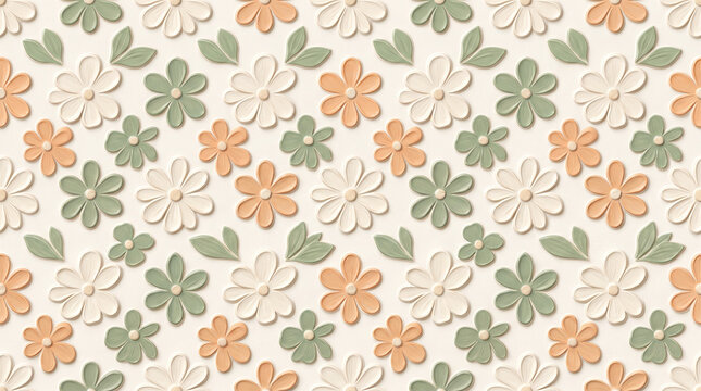 Seamless pattern with cute 3d embossed flowers and leaves in pastel peach and sage green colors on a cream background