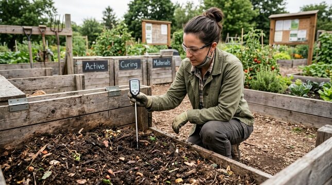 Gardener checks compost temperature with digital thermometer in raised garden beds