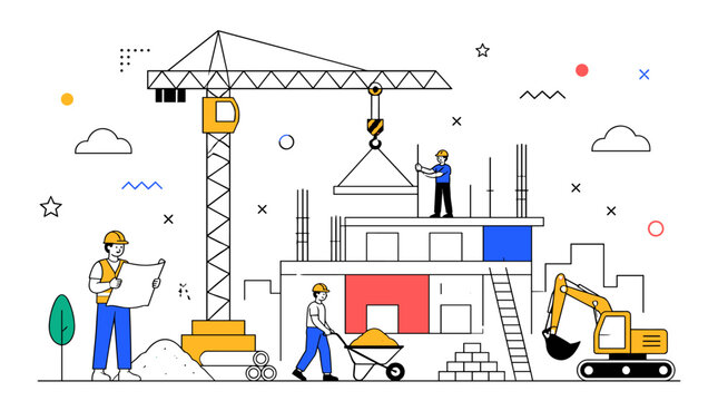 Professional builders working on a modern residential construction site project.