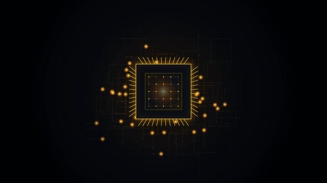 Golden microchip circuitry illuminates a dark background displaying complex internal connections technology digital electronic semiconductor
