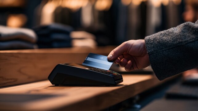 Close Up of Man Making Contactless Credit Card Payment at Retail Store
