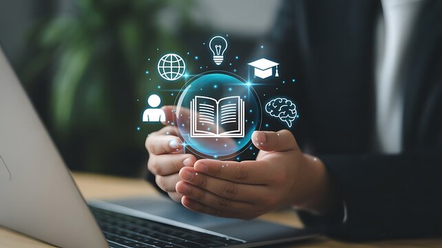 Hands holding glowing digital book with education icons above laptop in soft light