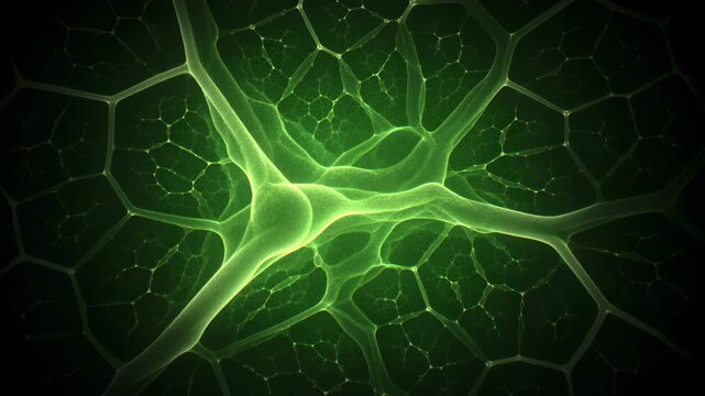 Abstract green bioluminescent network with nodes and pulsing connections on dark background.