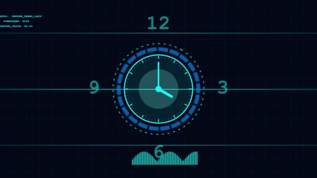Digital clock animation with futuristic HUD interface elements