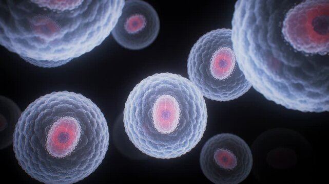 Close-up shot of 3D biological cells with translucent outer membrane and glowing pink red nucleus on dark background.