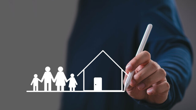 Home ownership and family protection concept, a professional drawing a house with a family symbol, representing real estate, property planning, mortgage, housing, investment, and financial stability.