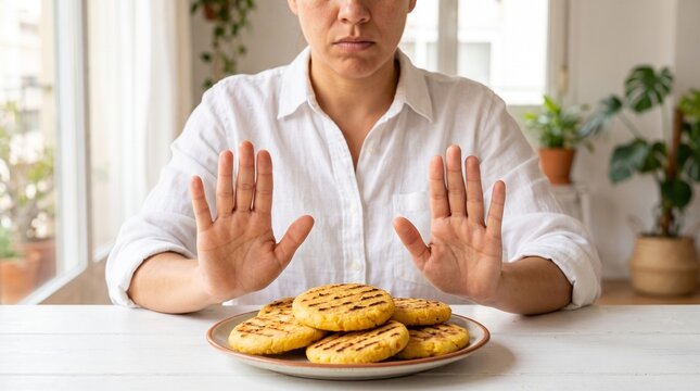A woman with a serious expression uses her hands to refuse a plate of cookies, indicating a decision to avoid unhealthy food.
