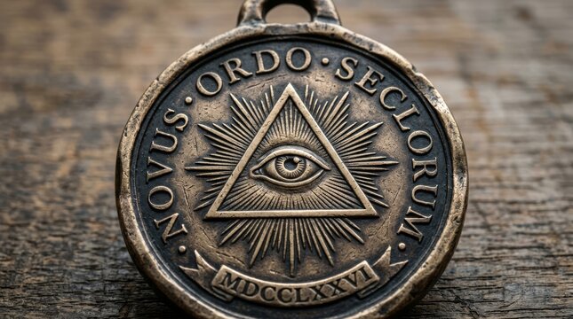 Close up of an antique heavy bronze medallion featuring the all seeing eye of providence symbol within a triangle with latin text novus ordo seclorum on a rustic wooden background surface.