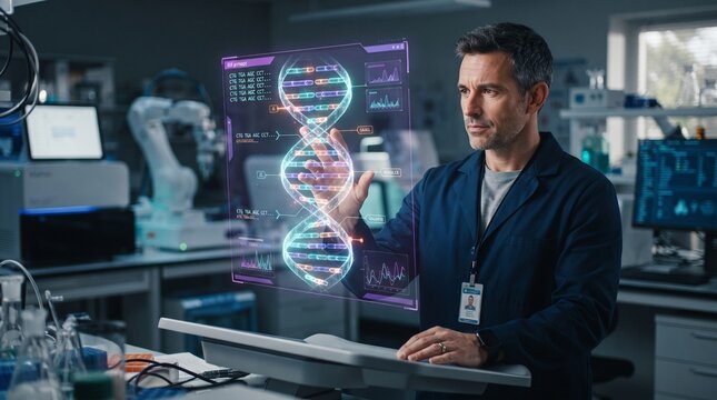 Professional scientist analyzing genetic data in high-tech modern laboratory with holographic display interface