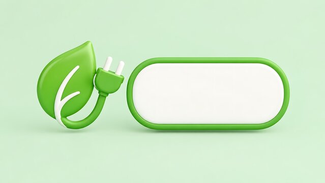 Green leaf plug icon with blank rounded button for sustainable energy message board.