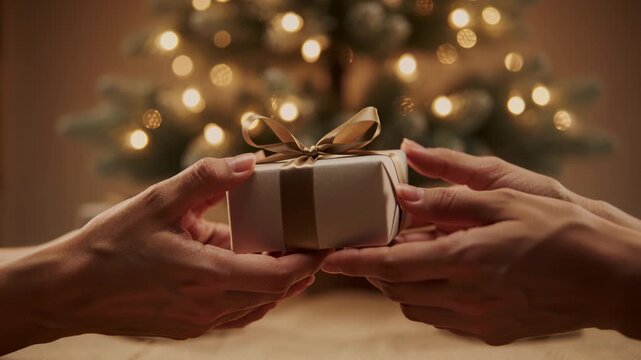Woman's hands exchanging gift with golden ribbon bow against Christmas tree background with bokeh lights.