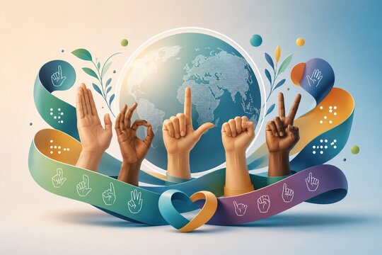 International day of sign languages concept with hands and globe